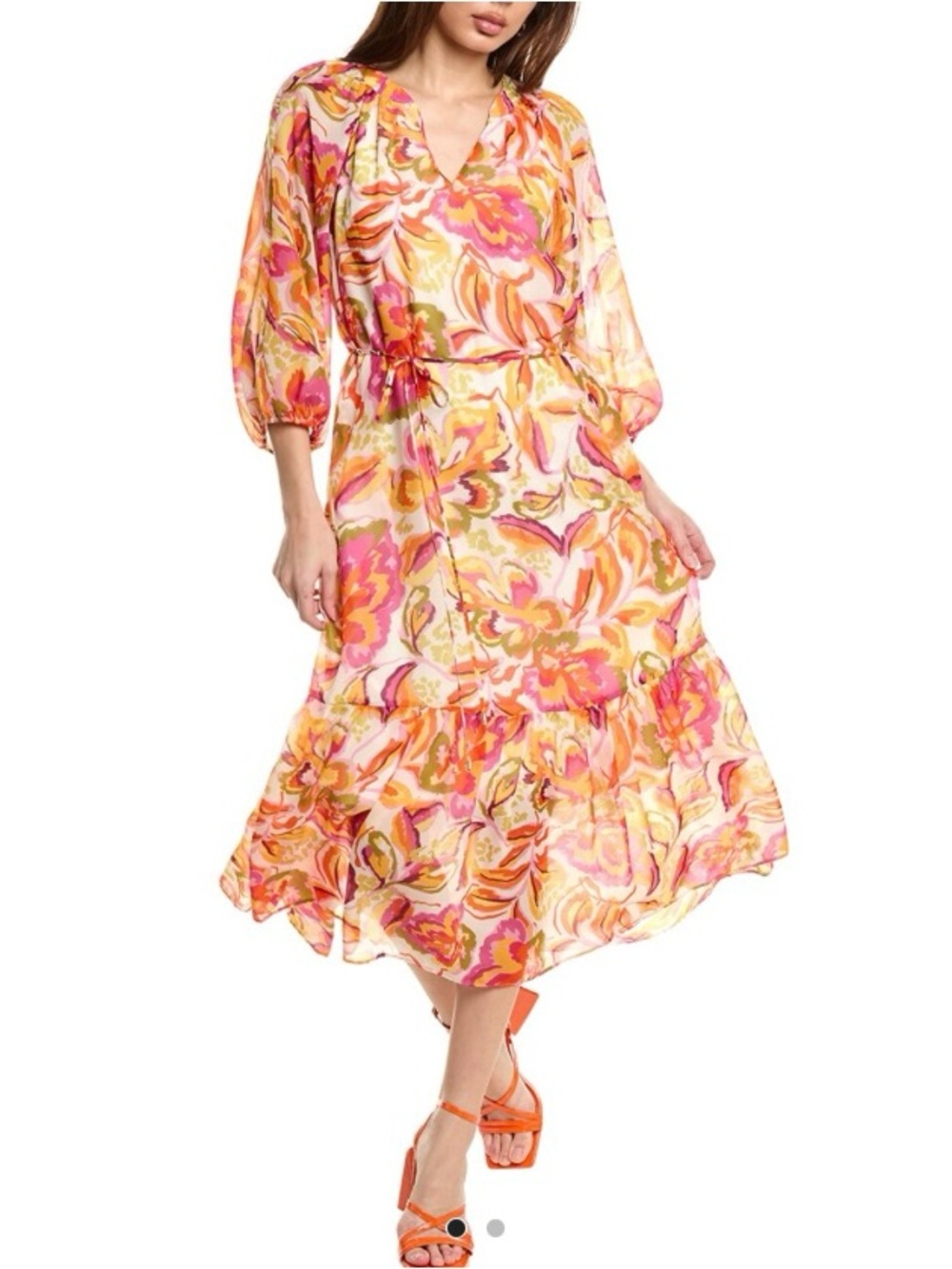 Julia Jordan Orange Multi Floral Chiffon Midi Dress JJ40601 Womens XS NWT